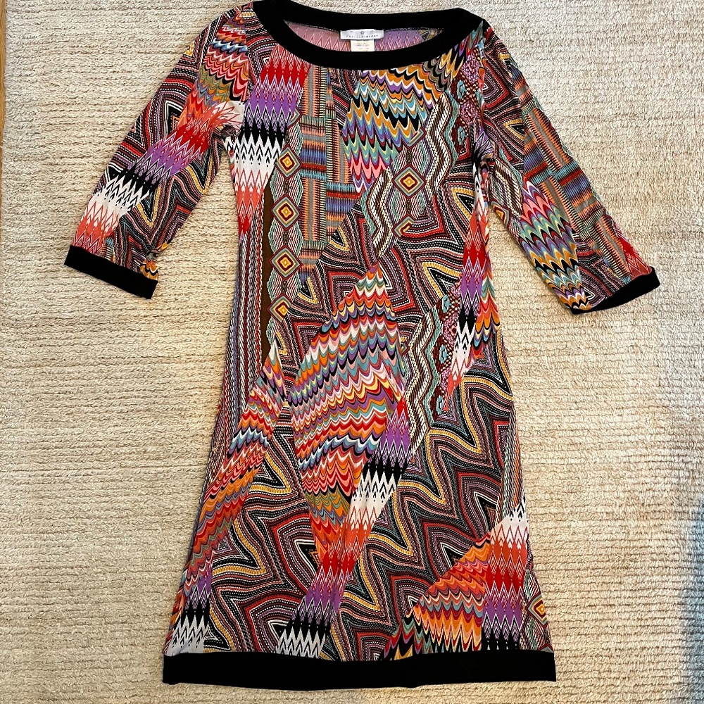 Papillon Blanc Womens Colorful Print Dress XS body con Stretch 70s non wrinkle